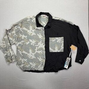 Given Kale Women Button Down NWT Relaxed Black Camo Colorblock Long Sleeve XL